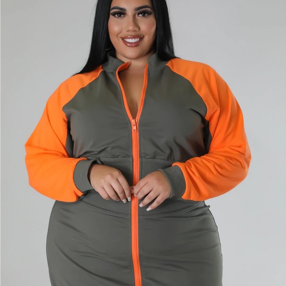 Olive green orange long sleeve mini dress zip up drawstring - Picture 7 of 9